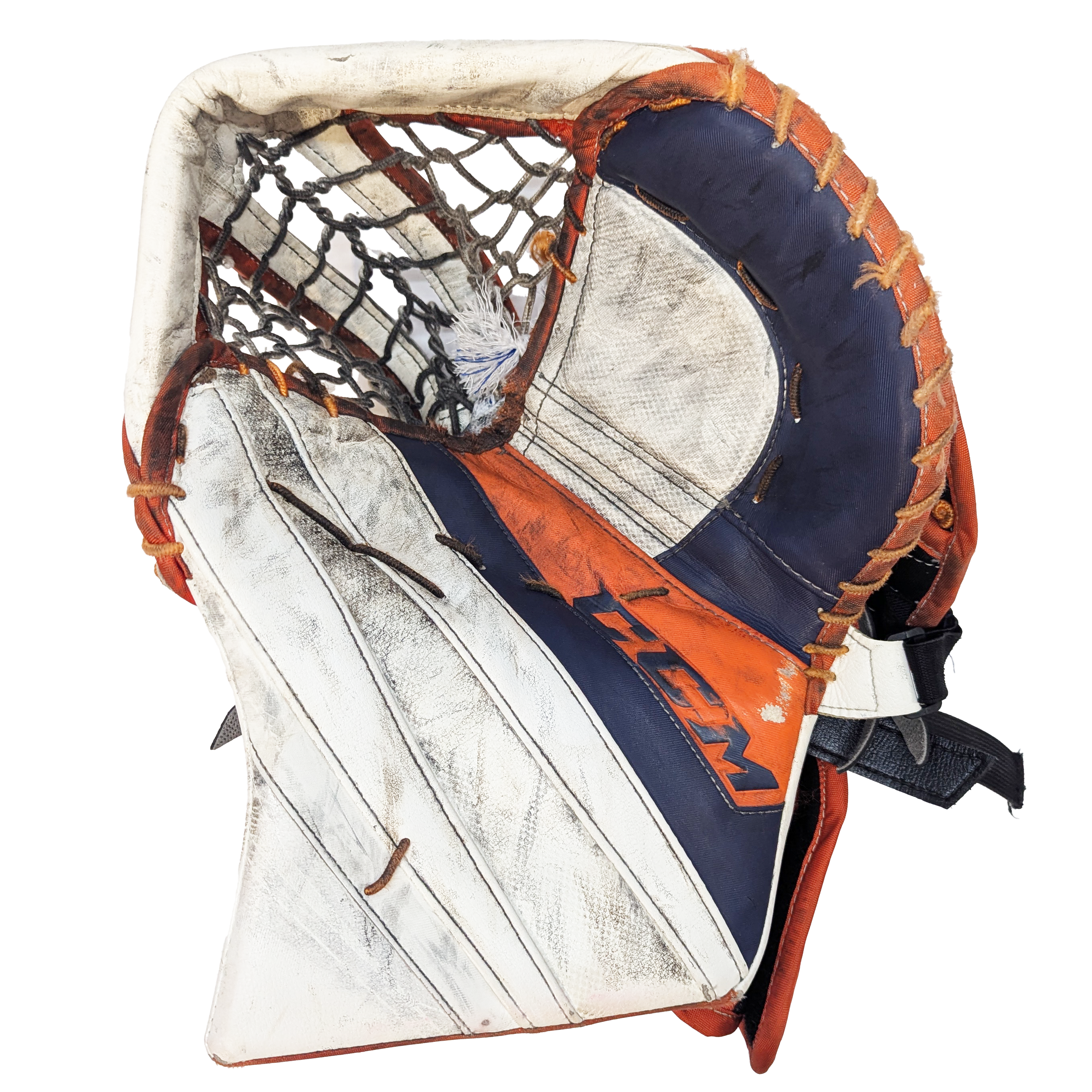 CCM Extreme Flex 5 - Gant de gardien de but Pro Stock d'occasion (blanc/orange/bleu marine)